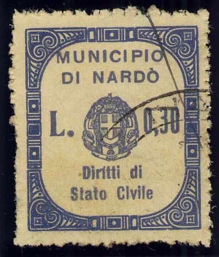 Marca da Bollo del Comune di NARDO´ su Carta Bianca Sottile di dimensioni 24,5 x 29 mm