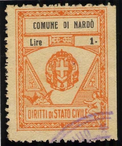 Marca da Bollo del Comune di NARDO´ su Carta Bianca Sottile di dimensioni 22,5 x 30 mm