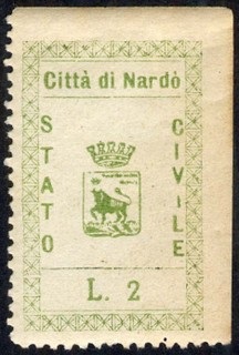 Marca da Bollo del Comune di NARDO´ su Carta Bianca Sottile di dimensioni 22 x 36 mm