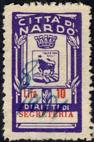 Marca da Bollo del Comune di NARDO´ su Carta Bianca Sottile di dimensioni 17 x 29,5 mm