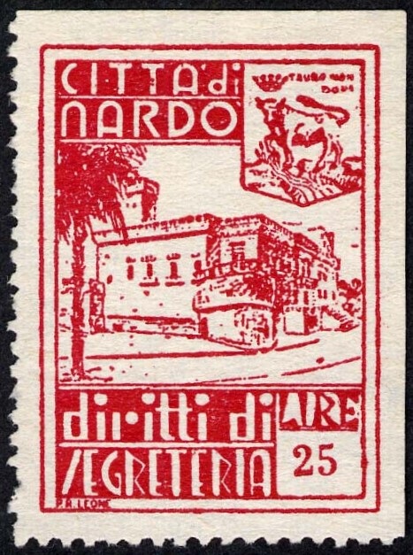 Marca da Bollo del Comune di NARDO´ su Carta Bianca di dimensioni 26 x 36,5 mm