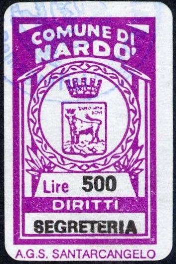 Marca da Bollo del Comune di NARDO´ su Carta Bianca di dimensioni 18 x 31,5 mm