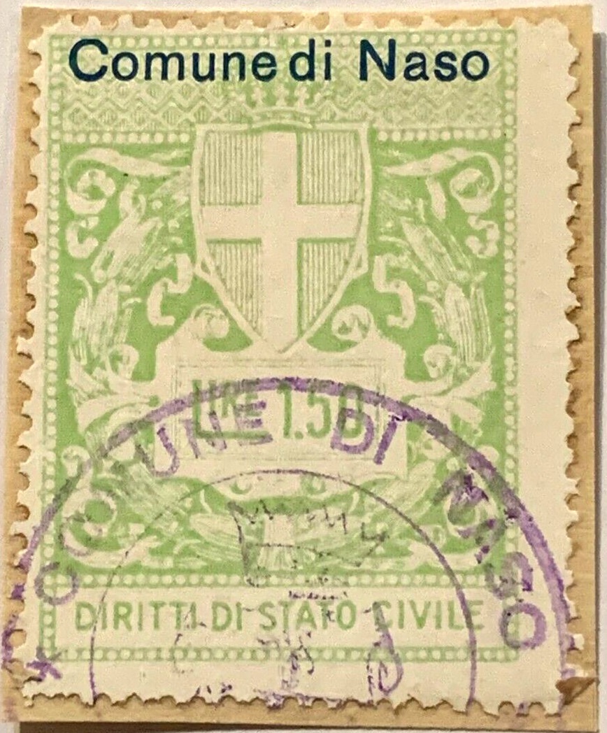 Marca da Bollo del Comune di NARO su Carta Bianca di dimensioni 22,5 x 29 mm