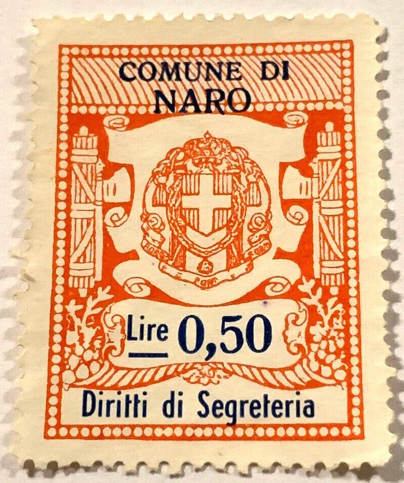 Marca da Bollo del Comune di NARO su Carta Bianca di dimensioni 22,5 x 29 mm