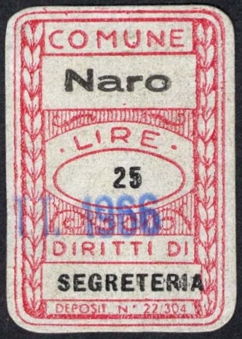 Marca da Bollo del Comune di NARO su Carta Bianca di dimensioni 19,5 x 30 mm