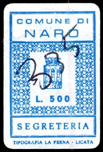 Marca da Bollo del Comune di NARO su Carta Bianca di dimensioni 16 x 28,5 mm