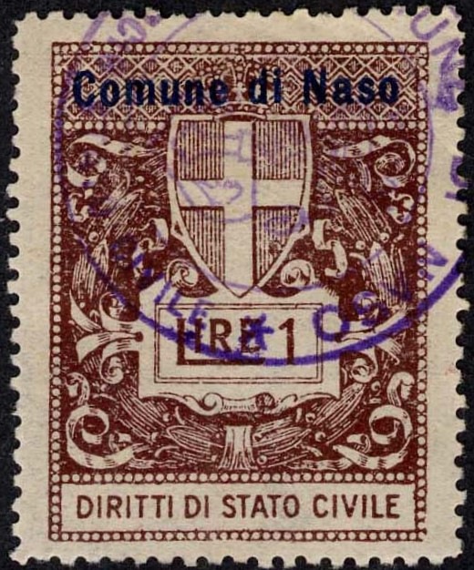 Marca da Bollo del Comune di NASO su Carta Bianca di dimensioni 27,5 x 37 mm