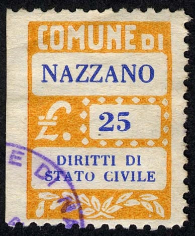 Marca da Bollo del Comune di NAZZANO su Carta Bianca Sottile di dimensioni 20 x 28 mm