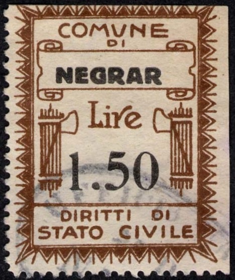 Marca da Bollo del Comune di NEGRAR su Carta Bianca di dimensioni 27 x 35 mm