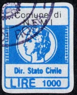 Marca da Bollo del Comune di NEMI su Carta Bianca di dimensioni 15,5 x 20 mm