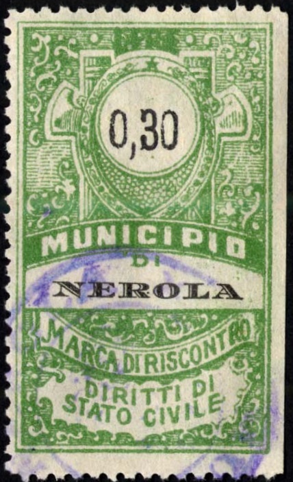 Marca da Bollo del Comune di NEROLA su Carta Bianca Sottile di dimensioni 26 43,5 mm