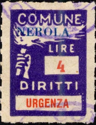 Marca da Bollo del Comune di NEROLA su Carta Bianca Sottile di dimensioni 18 x 24,5 mm