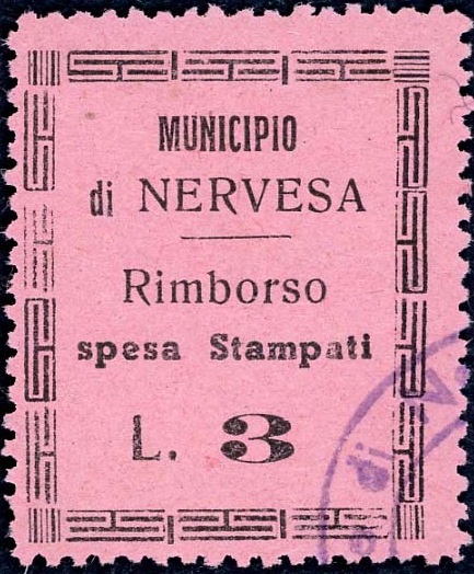 Marca da Bollo del Comune di NERVESA DELLA BATTAGLIA su Carta rosa di dimensioni 25,5 x 31,5 mm