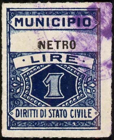 Marca da Bollo del Comune di NETRO su Carta Bianca Sottile di dimensioni 22,5 x 29 mm