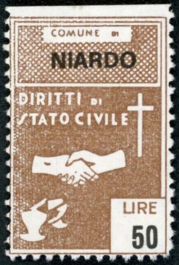 Marca da Bollo del Comune di NIARDO su Carta Bianca di dimensioni 22 X 33 mm