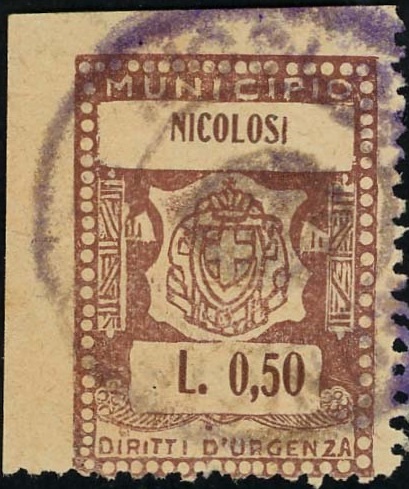 Marca da Bollo del Comune di NICOLOSI su Carta Bianca Sottile di dimensioni 20,5 x 27 mm