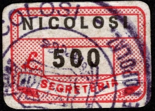 Marca da Bollo del Comune di NICOLOSI su Carta Bianca di dimensioni 18,5 x 13 mm