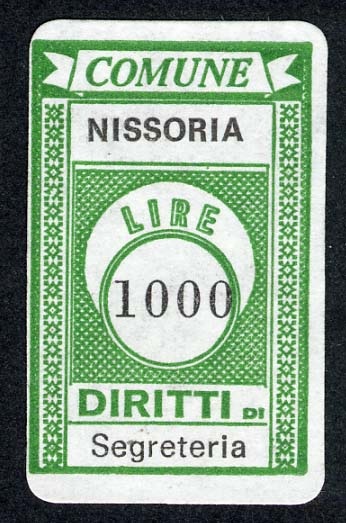 Marca da Bollo del Comune di NISSORIA su Carta Bianca di dimensioni 19 x 30,5 mm