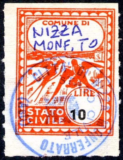 Marca da Bollo del Comune di NIZZA MONFERRATO su Carta Bianca di dimensioni 17 x 28 mm