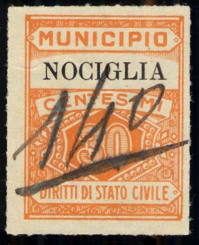 Marca da Bollo del Comune di NOCIGLIA su Carta Bianca di dimensioni 22,5 x 29 mm