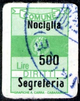 Marca da Bollo del Comune di NOCIGLIA su Carta Bianca di dimensioni 12,5 x 19 mm