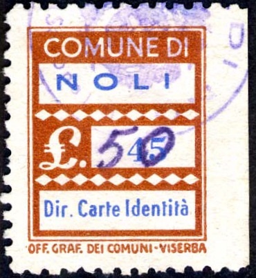 Marca da Bollo del Comune di NOLI su Carta Bianca di dimensioni 20 x 28 mm