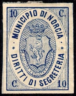 Marca da Bollo del Comune di NORCIA su Carta Colorata di dimensioni 22,5 x 30,5 mm