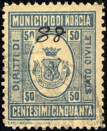 Marca da Bollo del Comune di NORCIA su Carta Bianca Sottile di dimensioni 20,5 x 25,5 mm
