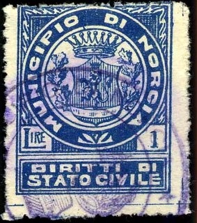 Marca da Bollo del Comune di NORCIA su Carta Bianca di dimensioni 22 x 26 mm