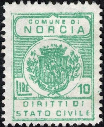 Marca da Bollo del Comune di NORCIA su Carta Bianca di dimensioni 22 x 28 mm