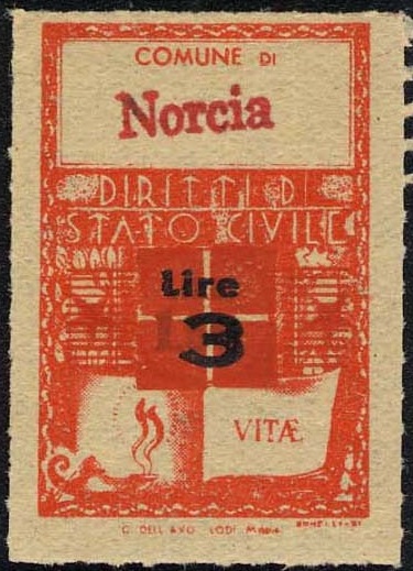 Marca da Bollo del Comune di NORCIA su Carta Bianca di dimensioni 21 x 28 mm