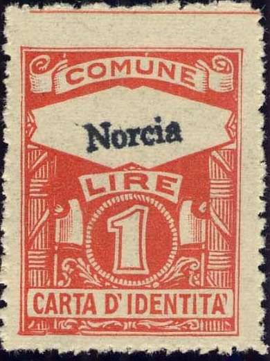 Marca da Bollo del Comune di NORCIA su Carta Bianca Sottile di dimensioni 22 x 29 mm