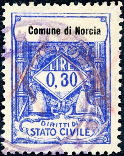 Marca da Bollo del Comune di NORCIA su Carta Bianca Sottile di dimensioni 23 x 29 mm