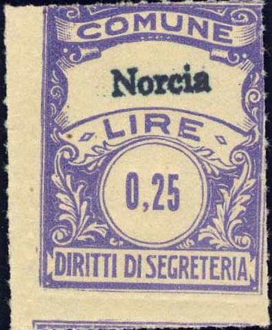 Marca da Bollo del Comune di NORCIA su Carta Bianca di dimensioni 22,5 x 29 mm