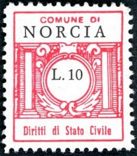 Marca da Bollo del Comune di NORCIA su Carta Bianca di dimensioni 21 x 25 mm