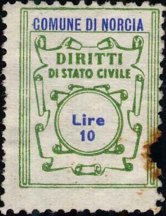 Marca da Bollo del Comune di NORCIA su Carta Bianca di dimensioni 20 x 26 mm
