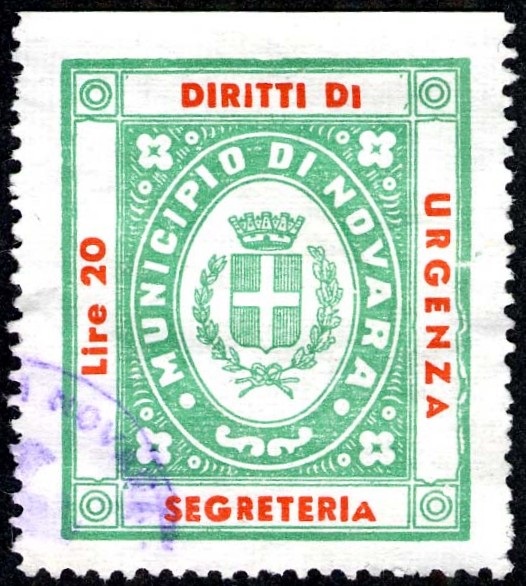 Marca da Bollo del Comune di NOVARA su Carta Bianca Sottile di dimensioni 28 x 33 mm