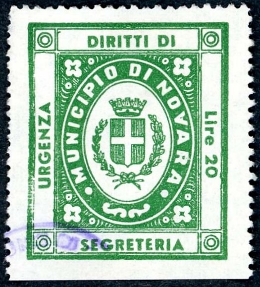 Marca da Bollo del Comune di NOVARA su Carta Bianca di dimensioni 27 x 33 mm
