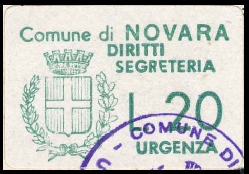 Marca da Bollo del Comune di NOVARA su Carta Bianca di dimensioni 23 X 33 mm