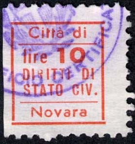 Marca da Bollo del Comune di NOVARA su Carta Bianca di dimensioni mm