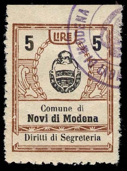 Marca da Bollo del Comune di NOVI DI MODENA su Carta Bianca di dimensioni 23,5 x 30 mm