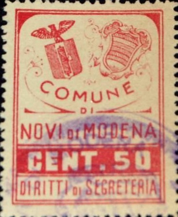 Marca da Bollo del Comune di NOVI DI MODENA su Carta Bianca di dimensioni 23 x 29 mm