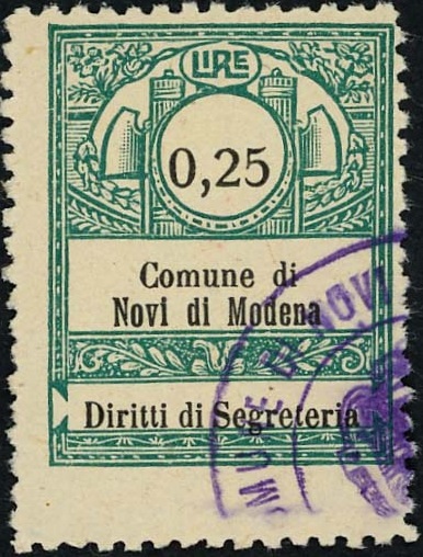 Marca da Bollo del Comune di NOVI DI MODENA su Carta Bianca Sottile di dimensioni 22 X 33 mm