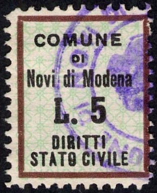 Marca da Bollo del Comune di NOVI DI MODENA su Carta Bianca di dimensioni 18 x 22,5 mm