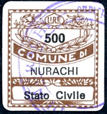 Marca da Bollo del Comune di NURACHI su Carta Bianca di dimensioni 19 x 21 mm