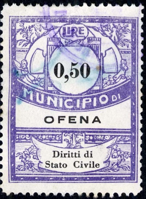 Marca da Bollo del Comune di OFENA su Carta Bianca di dimensioni 22 x 28 mm