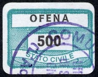 Marca da Bollo del Comune di OFENA su Carta Bianca di dimensioni 19 x 14 mm