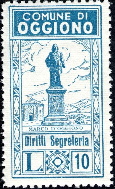 Marca da Bollo del Comune di OGGIONO su Carta Bianca Sottile di dimensioni 22 x 41 mm
