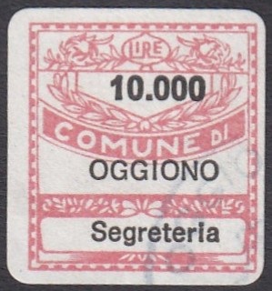 Marca da Bollo del Comune di OGGIONO su Carta Bianca di dimensioni 169 x 21 mm