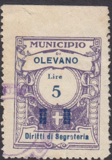 Marca da Bollo del Comune di OLEVANO DI LOMELLINA su Carta Bianca di dimensioni 23,5 x 29 mm